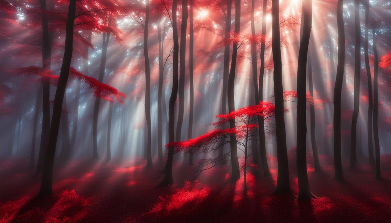 Ethereal Red Forest in Fog with Divine Light