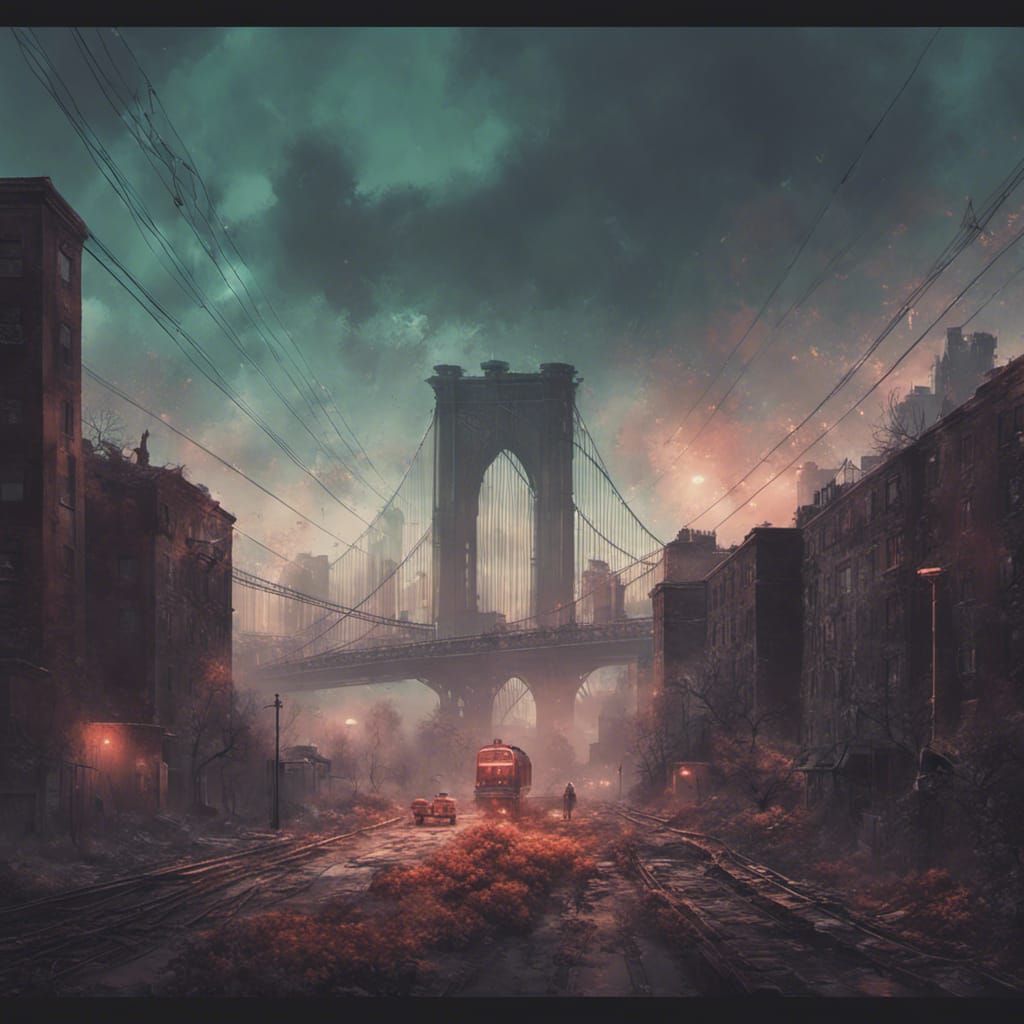 Dystopian Brooklyn Bridge in Apocalyptic Cityscape