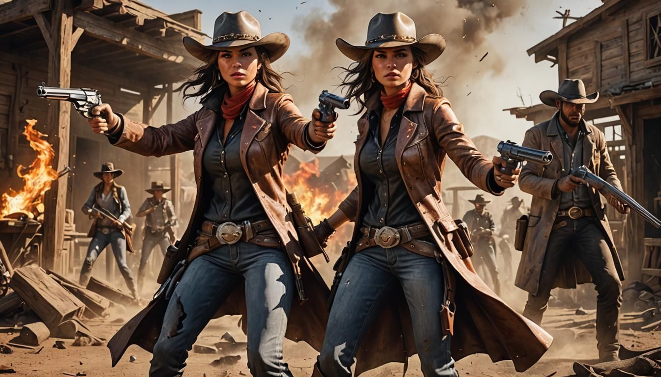 Cowgirls in the middle of a shoot out against the bad guys.