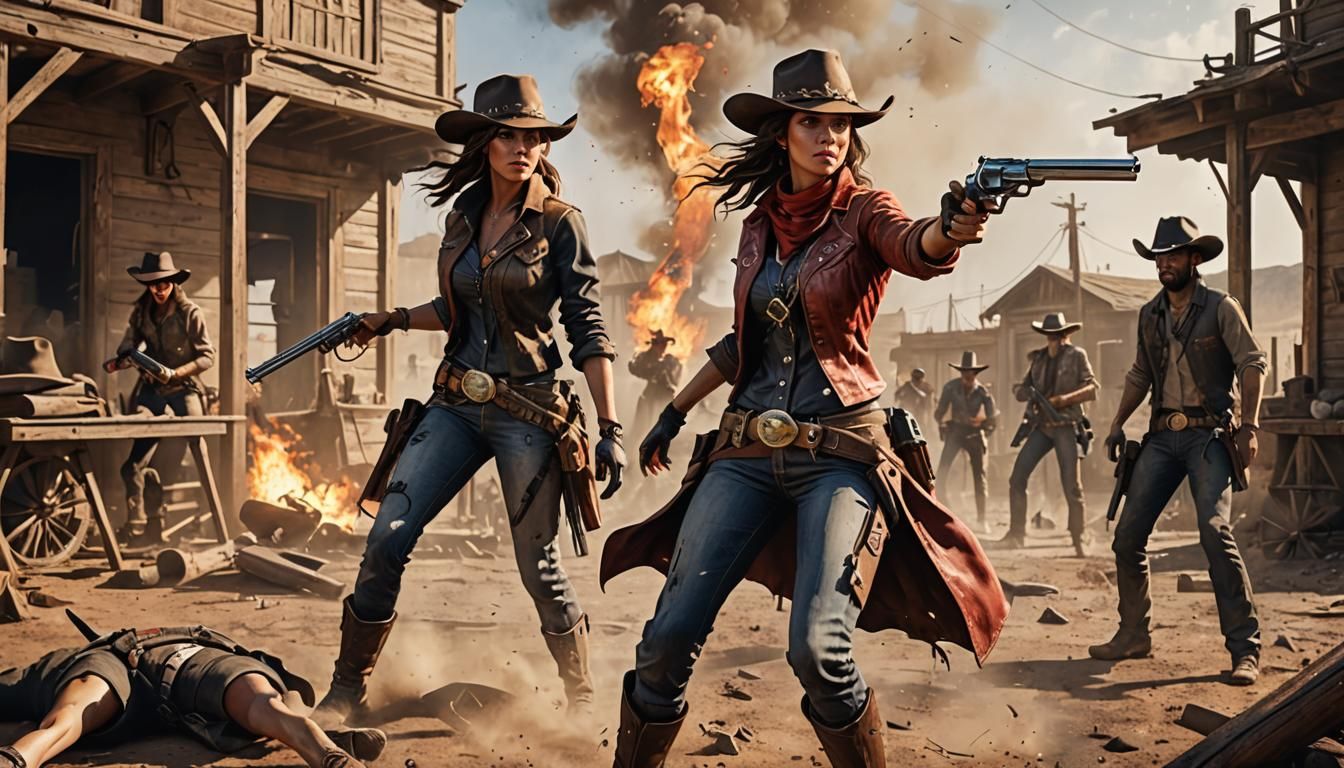 Cowgirls in the middle of a shoot out against the bad guys.