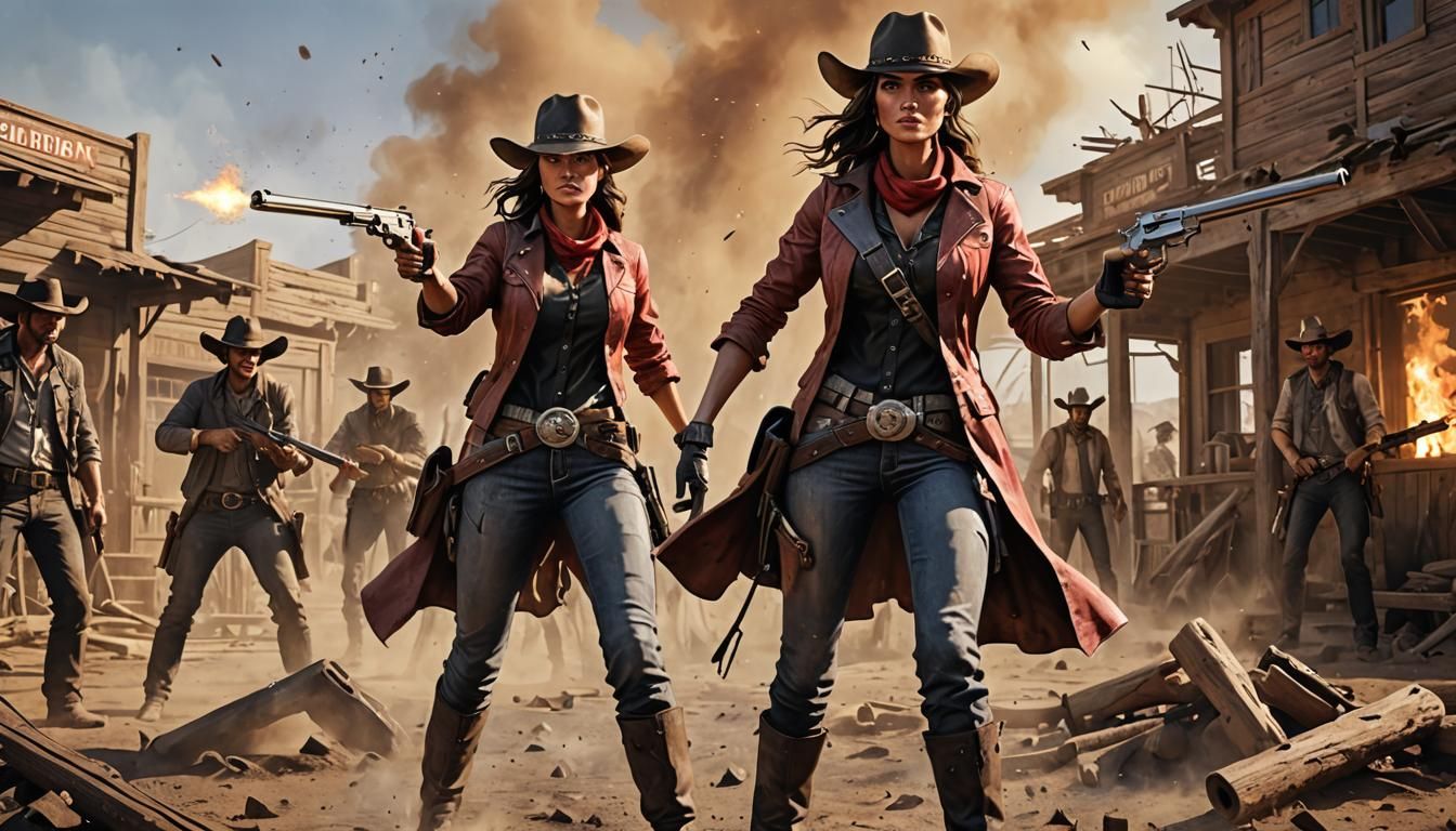 Cowgirls in the middle of a shoot out against the bad guys.