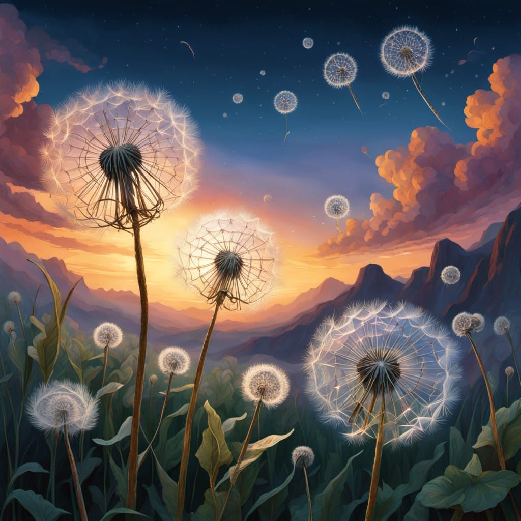 Delicate Dandelion Seeds Dance in Ethereal Sunset Vortex