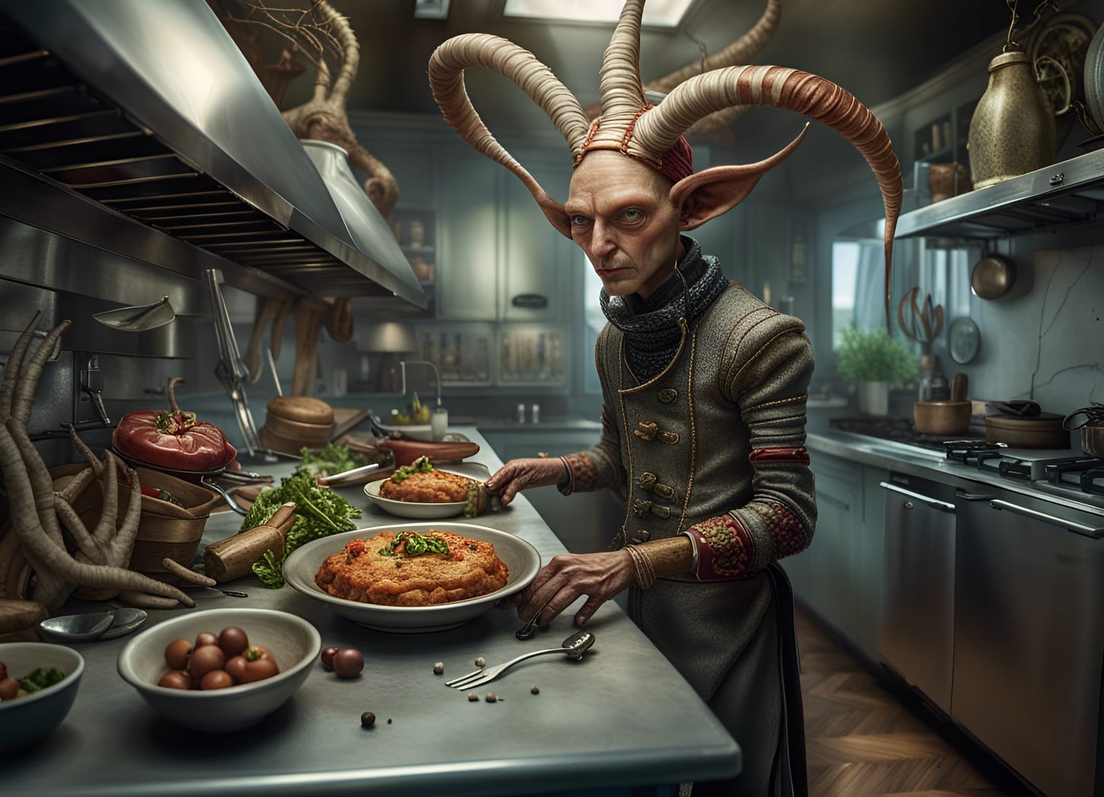 Hyperrealistic Alien Chef Demonstrates Dishes in Kitchen