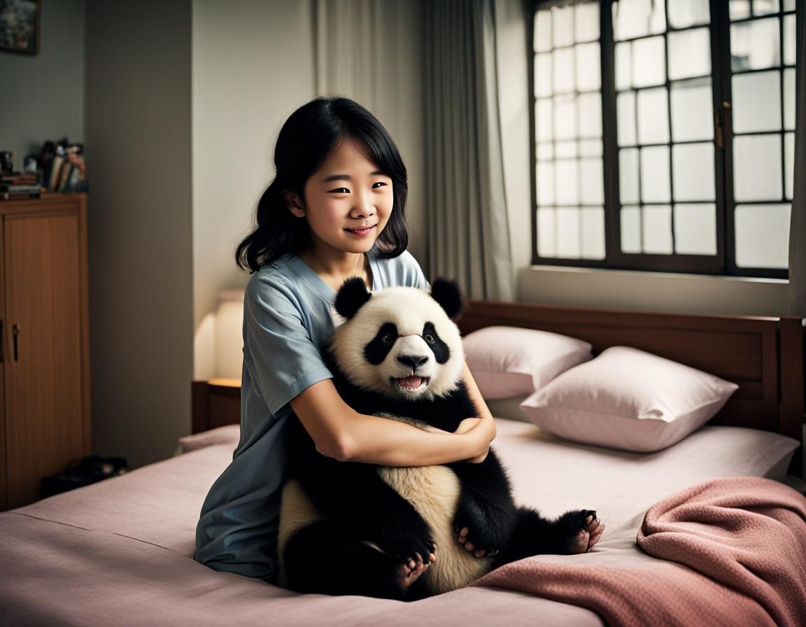 Girl Hugs Panda in Shanghai Apartment, Professional Portrait