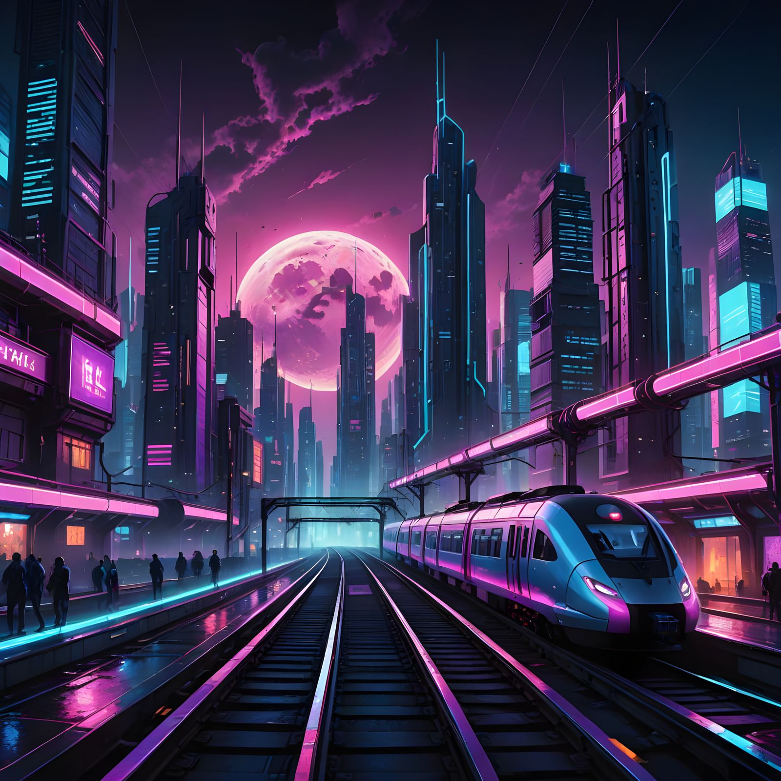 Ethereal Cosmic Train Blazes Through Futuristic Cityscape