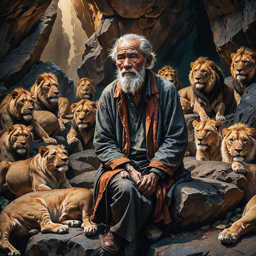 Hyperrealistic Daniel in the Lions' Den