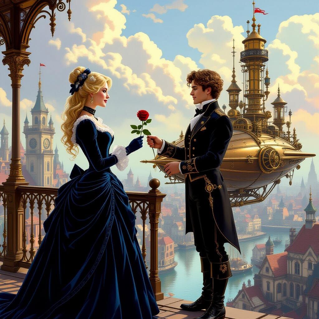 Steampunk Inventor Offers Rose to Sweetheart on Balcony