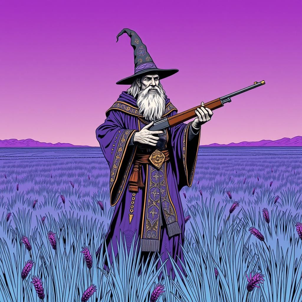 Fantasy Wizard with Rifle in Minimalist Style