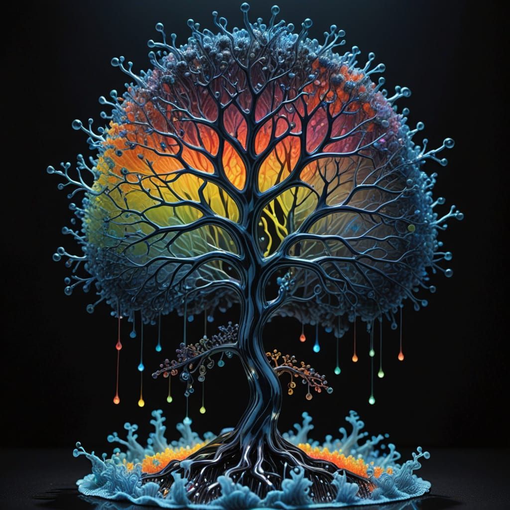 Rainbow Ferrofluid Tree of Life with Luminescent Aura
