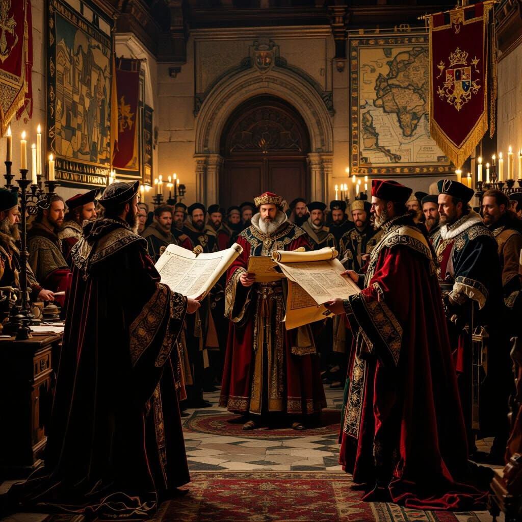 Medieval Messengers Deliver Eastern Scrolls to Candlelit Roy...