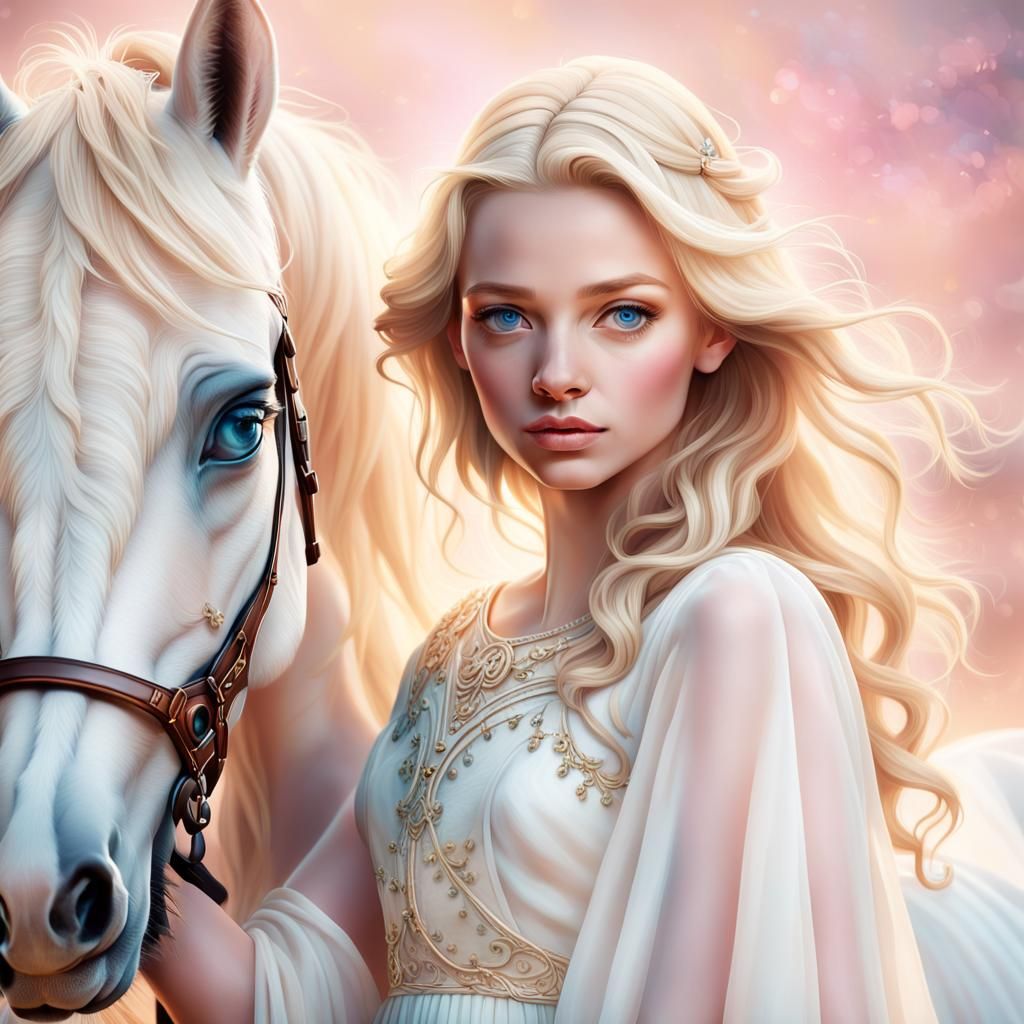 Photorealistic Portrait of Blonde Woman with White Horse