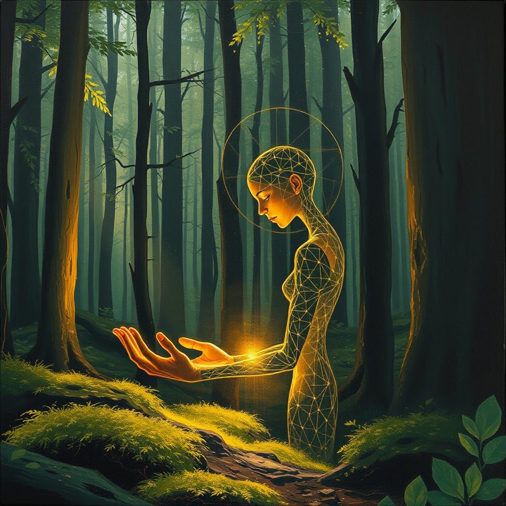 Humanoid Light-Bearer in Dream-Glade: Impressionist Oil Pain...