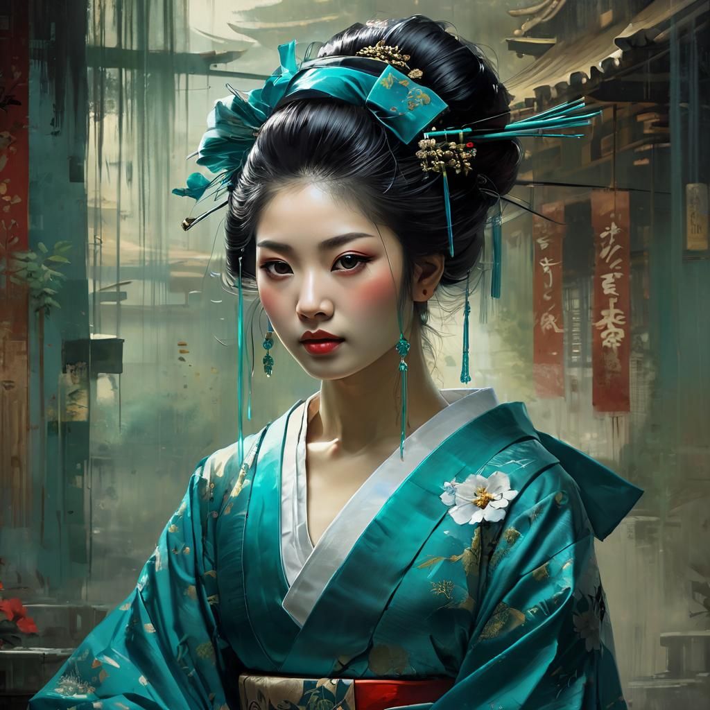Elegant Japanese Geisha Portrait in Teal Tulle