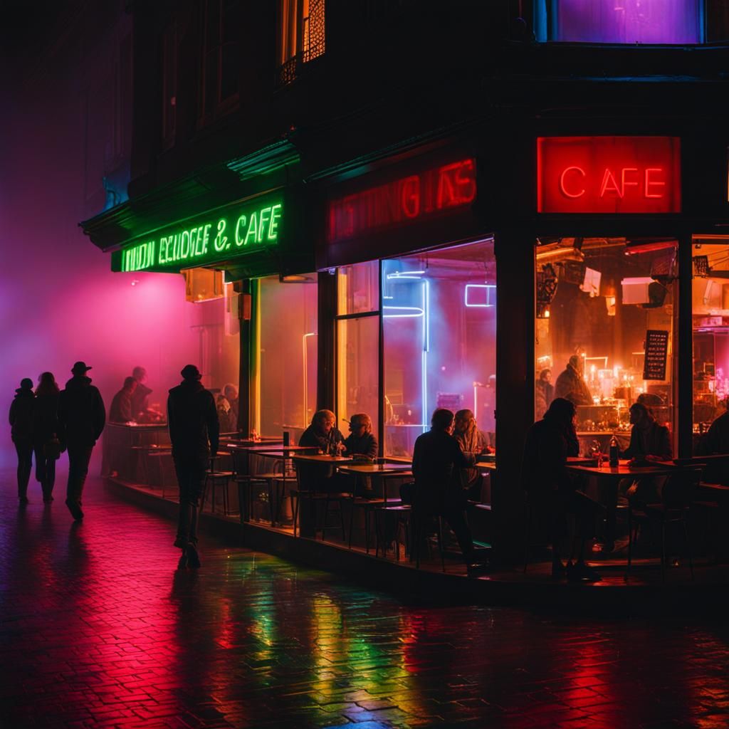 Night Cafe Scene with Neon Lights