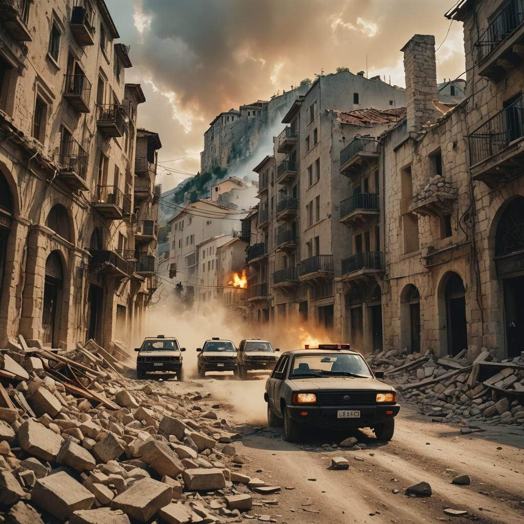 ISIS Militants Attack Mostar: Cinematic Oil Painting