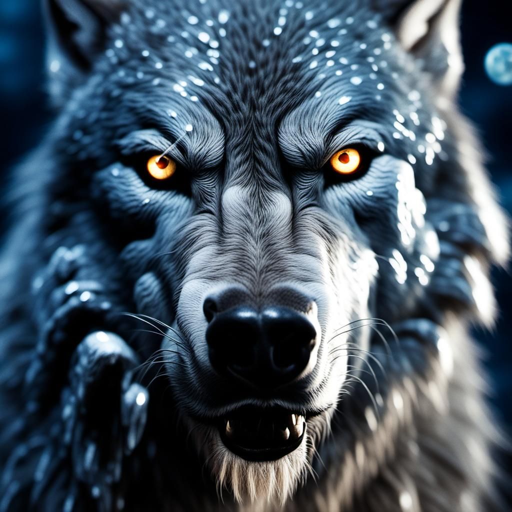 Ferocious Werewolf Close-up in Moonlight, Hyper-real Photogr...