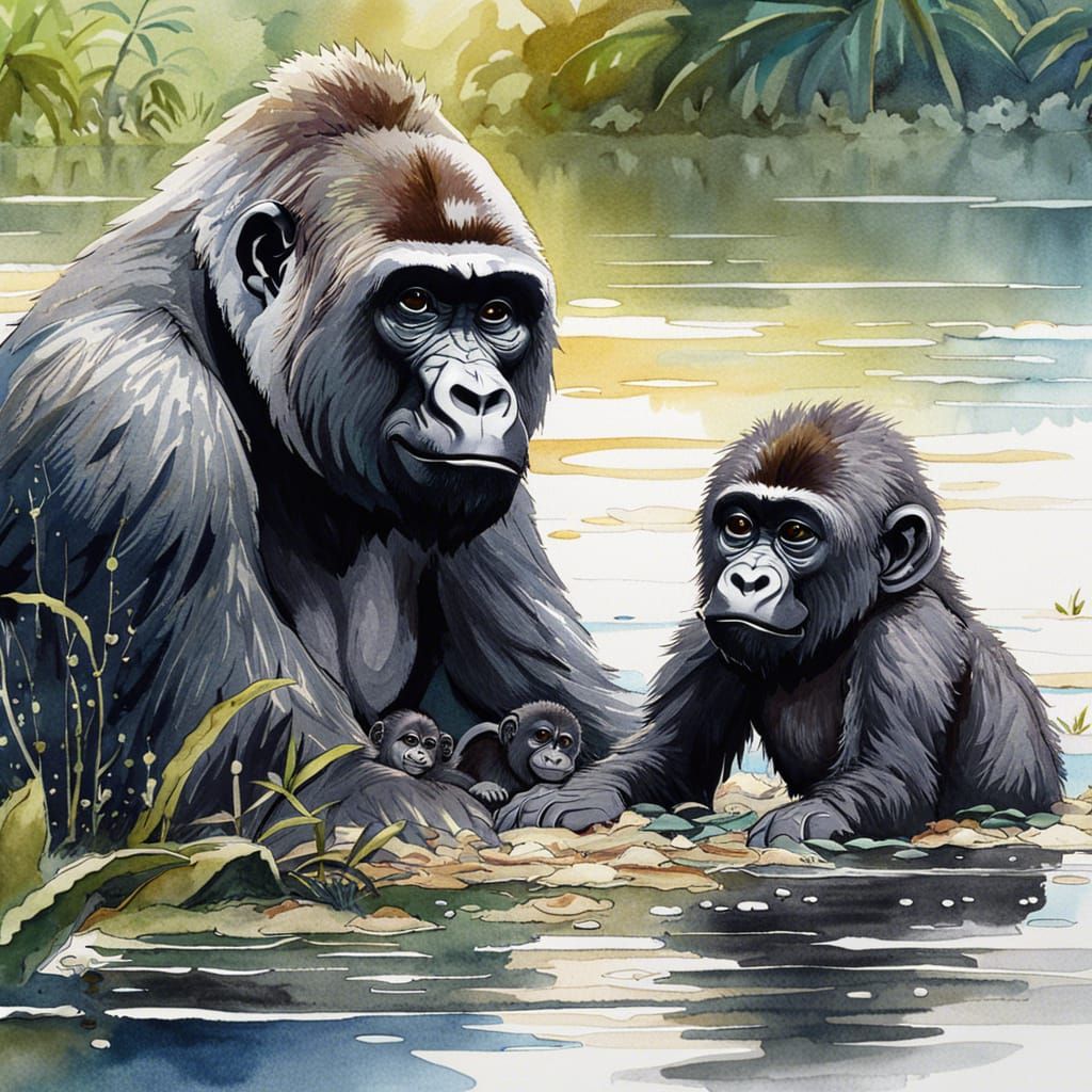 Gorilla family bathing in Lake Kivu (conservation awareness)