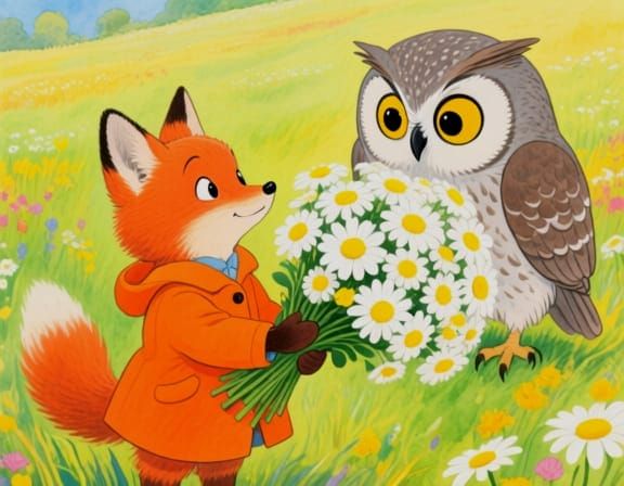 Fox Cub Offers Bouquet to Owl in Watercolor Style