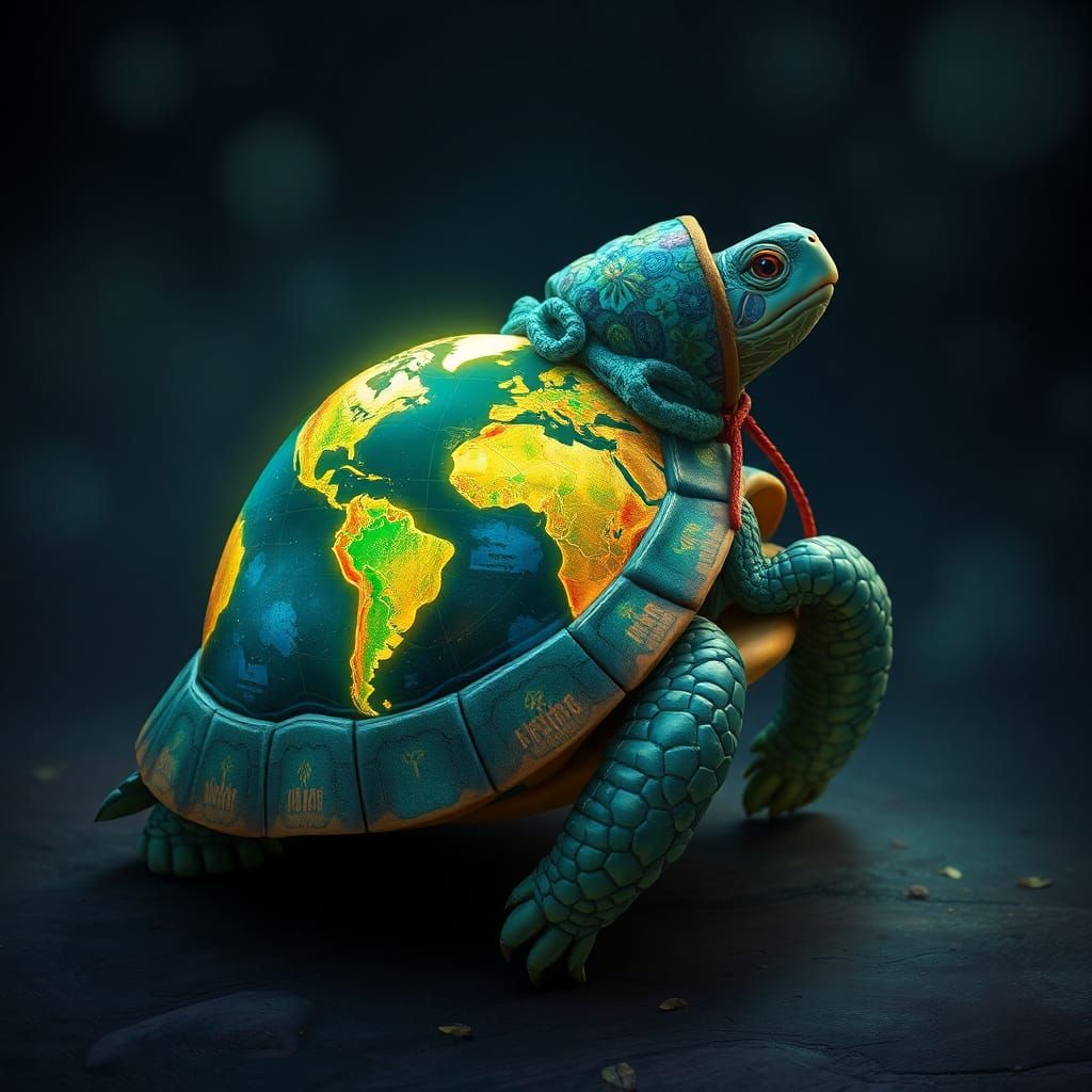 Turtle with Glowing World Map Shell
