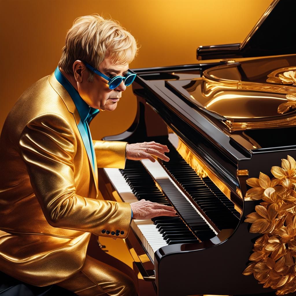 Elton John Plays Golden Piano: Hyperrealistic Splash Art
