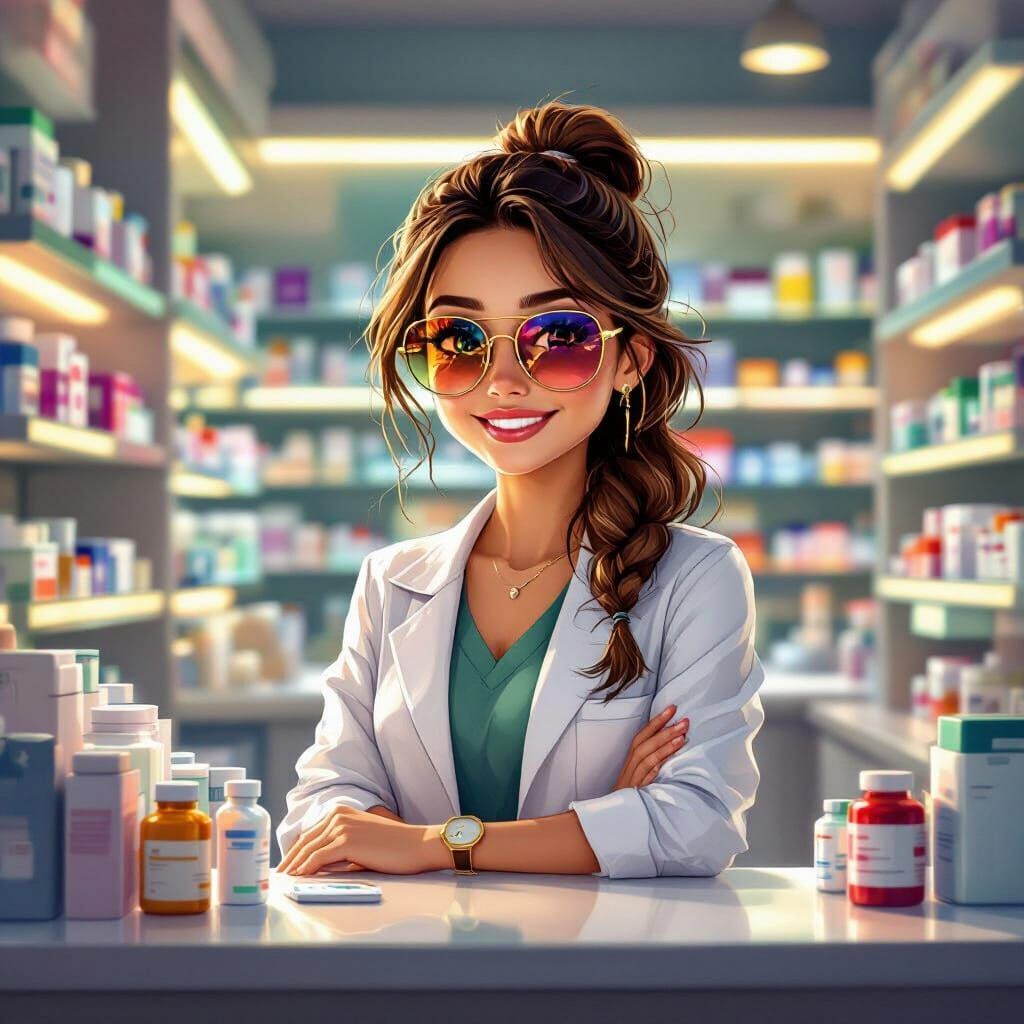 Cheerful Pharmacist Girl in Sunglasses in Modern Pharmacy