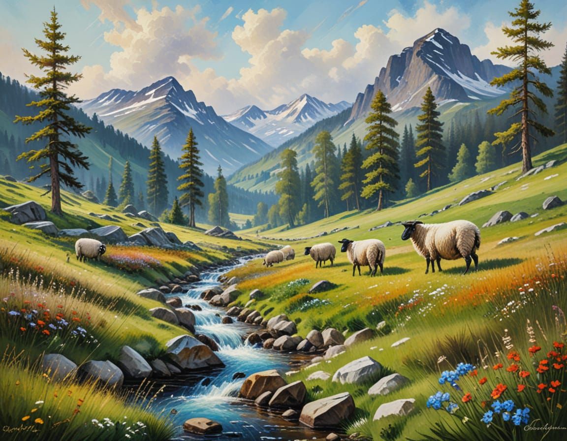 Alpine Meadow with Stream and Sheep - Oil Painting