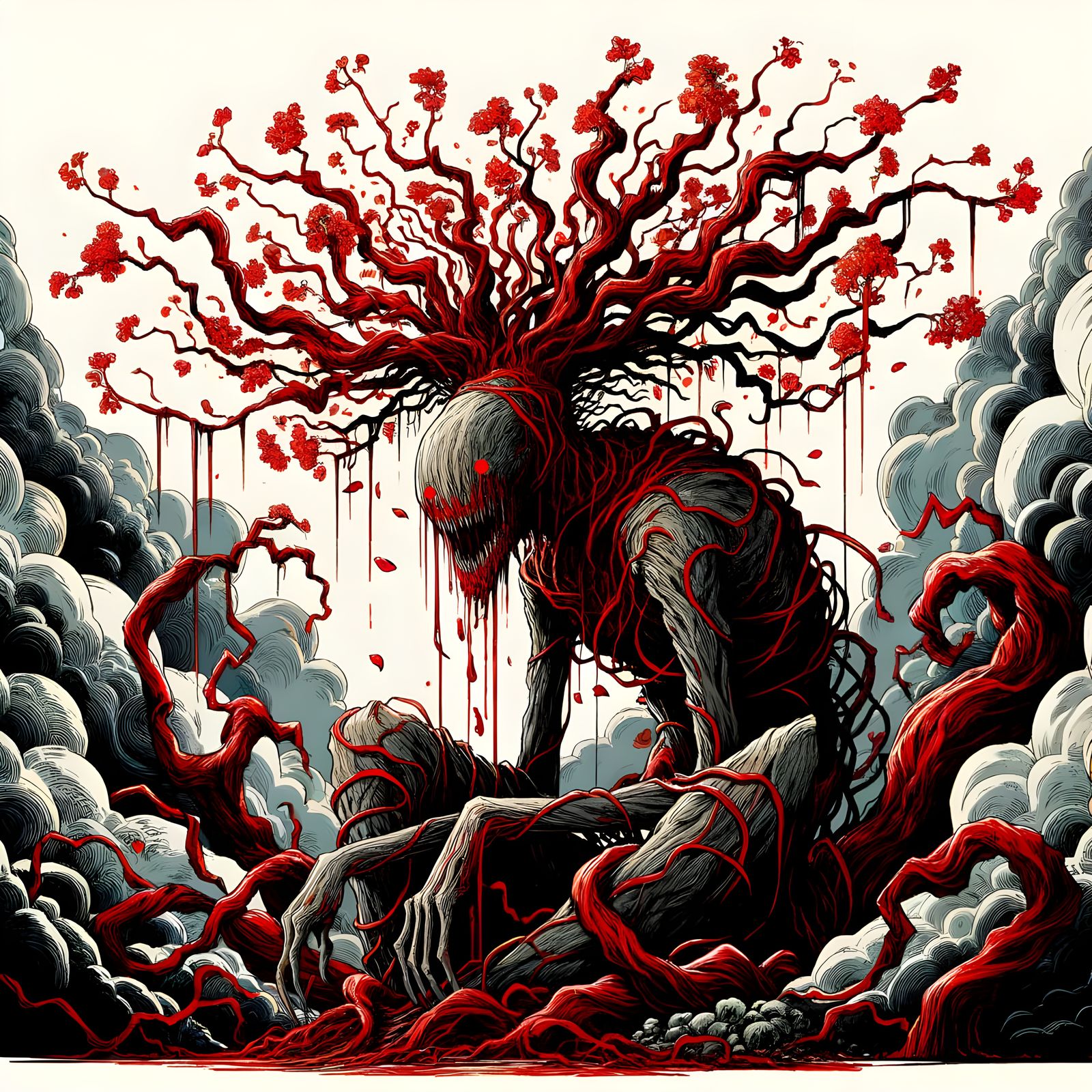 Grotesque Tree Entity in Surrealist Horror Style