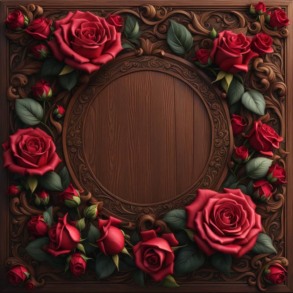 Rose Flowers Around Blank Wooden Plaque: Matte Painting