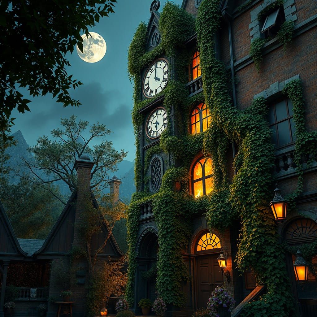 Whimsical Clock Tower Shines in Moonlit Garden