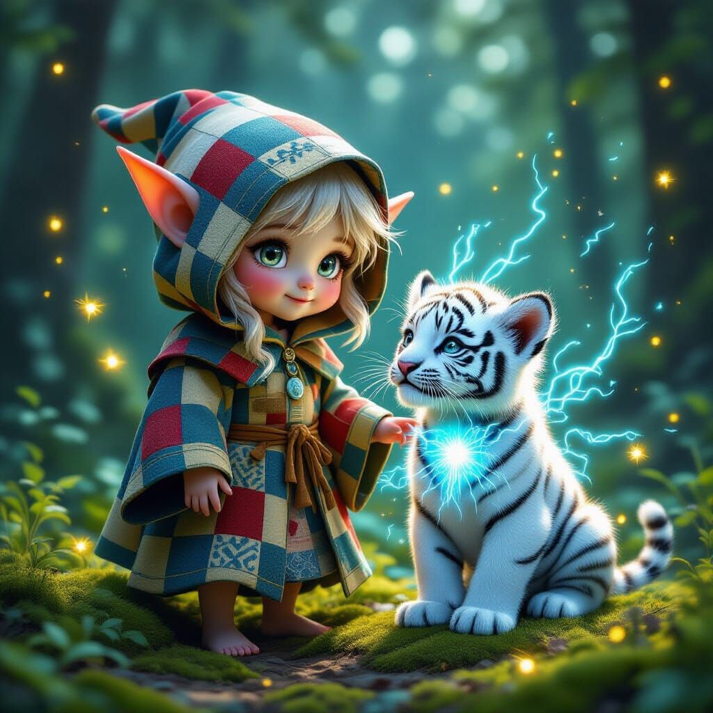 Enchanted Elf and Electric Tiger Cub in Fantasy Forest
