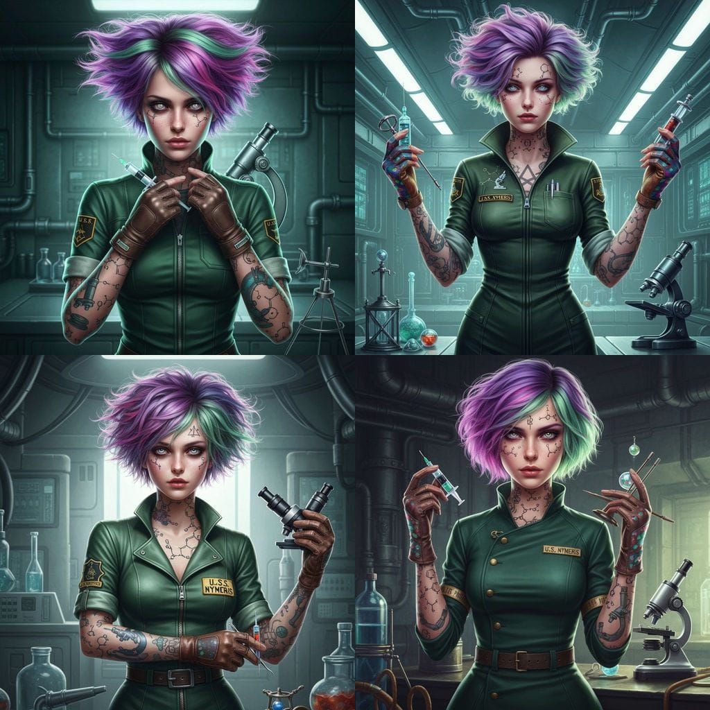 Unsettling Biochemist with Vibrant Hair and Steampunk Lab Co...