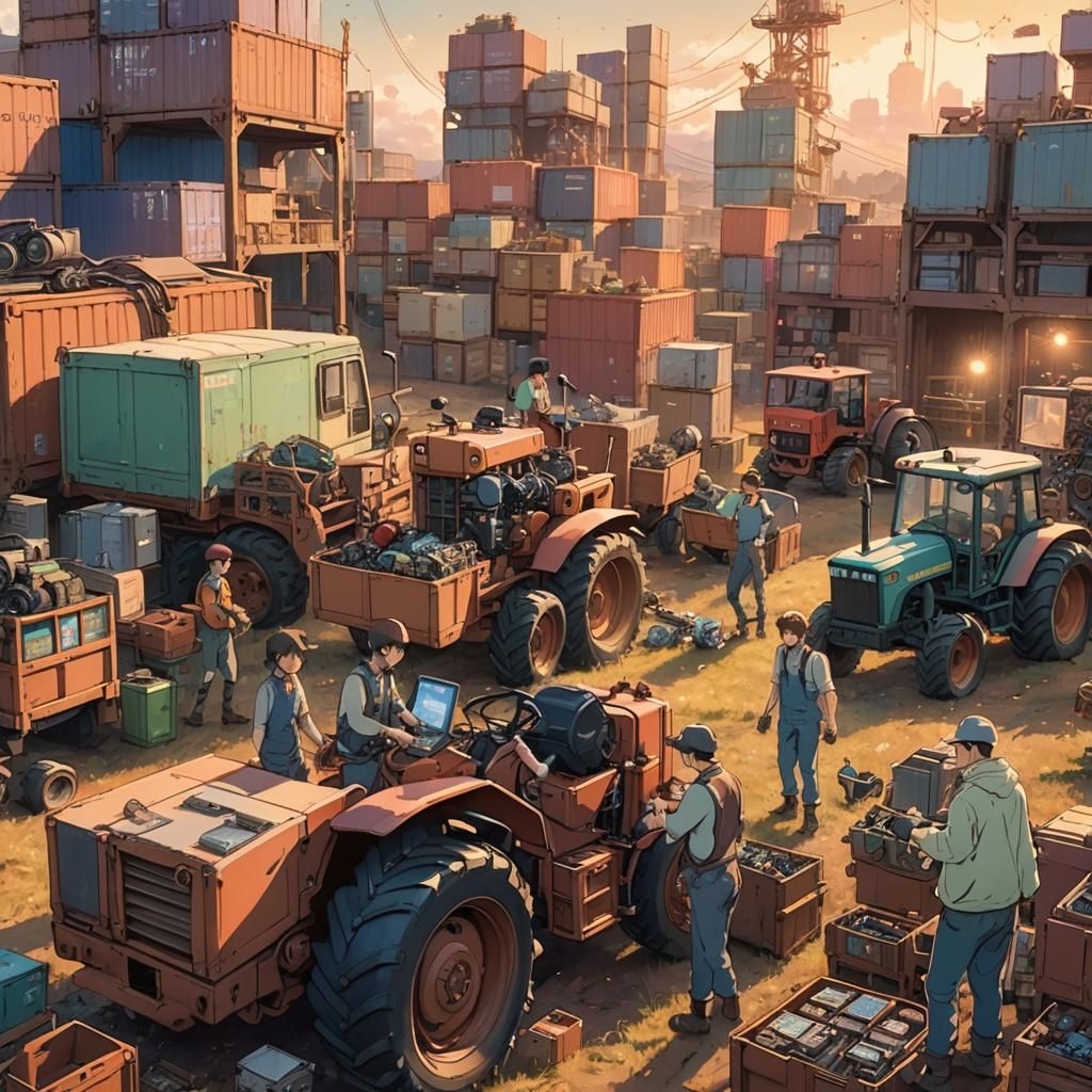 Anime Scene: Labor Crew Unloading Electronics Components