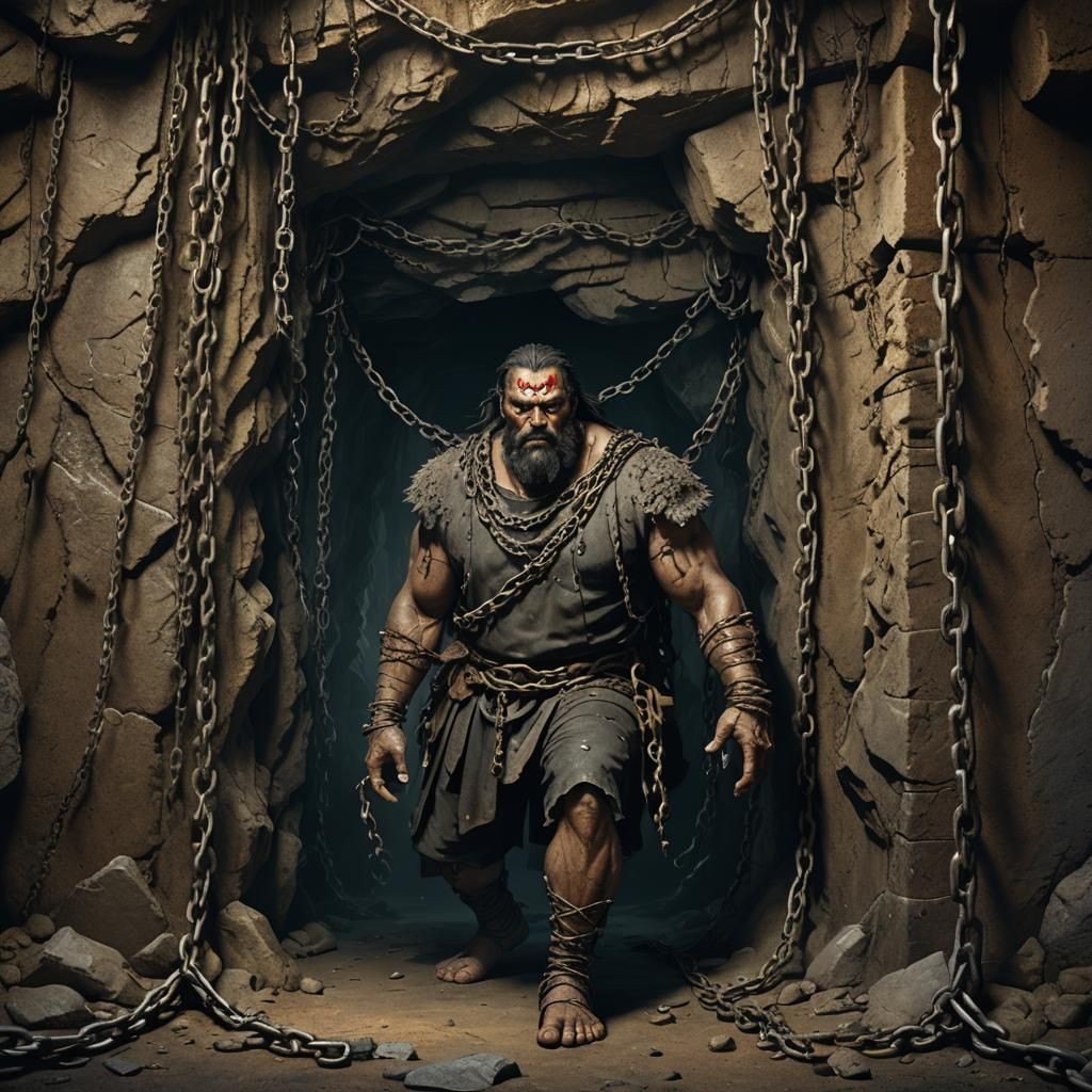 One-Eyed Giant Chained in Dark Cave: Fantasy Art