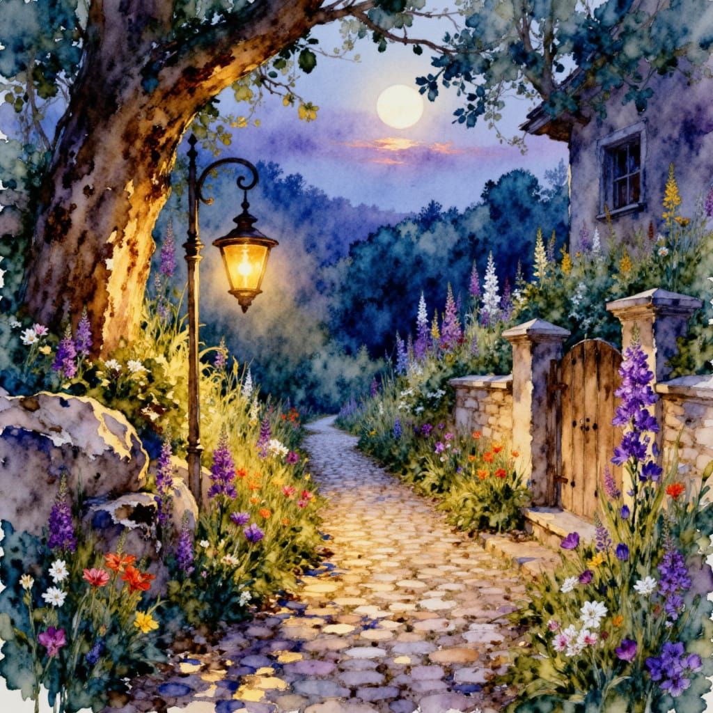 Warm Lantern Glow on Cobblestone Path with Wildflowers