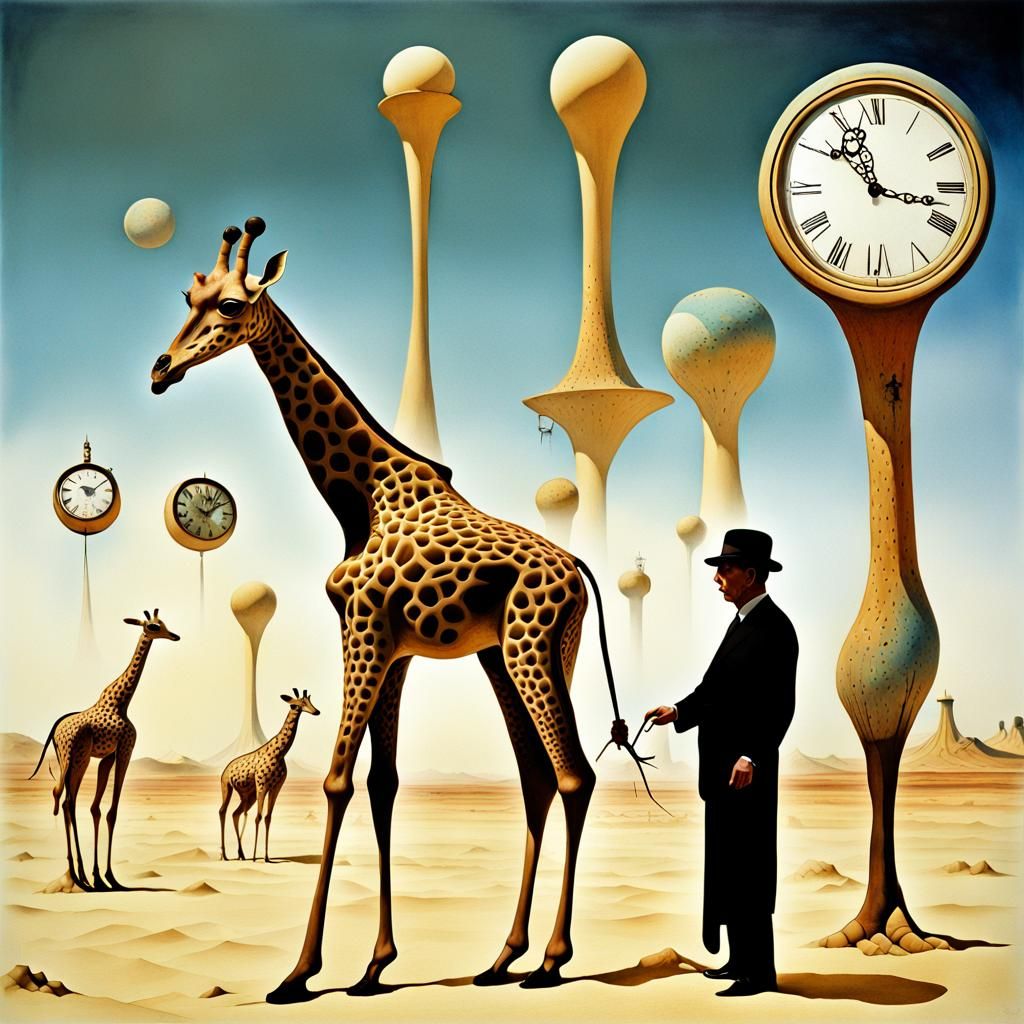 Surreal Desert Landscape with Giraffe and Clocks
