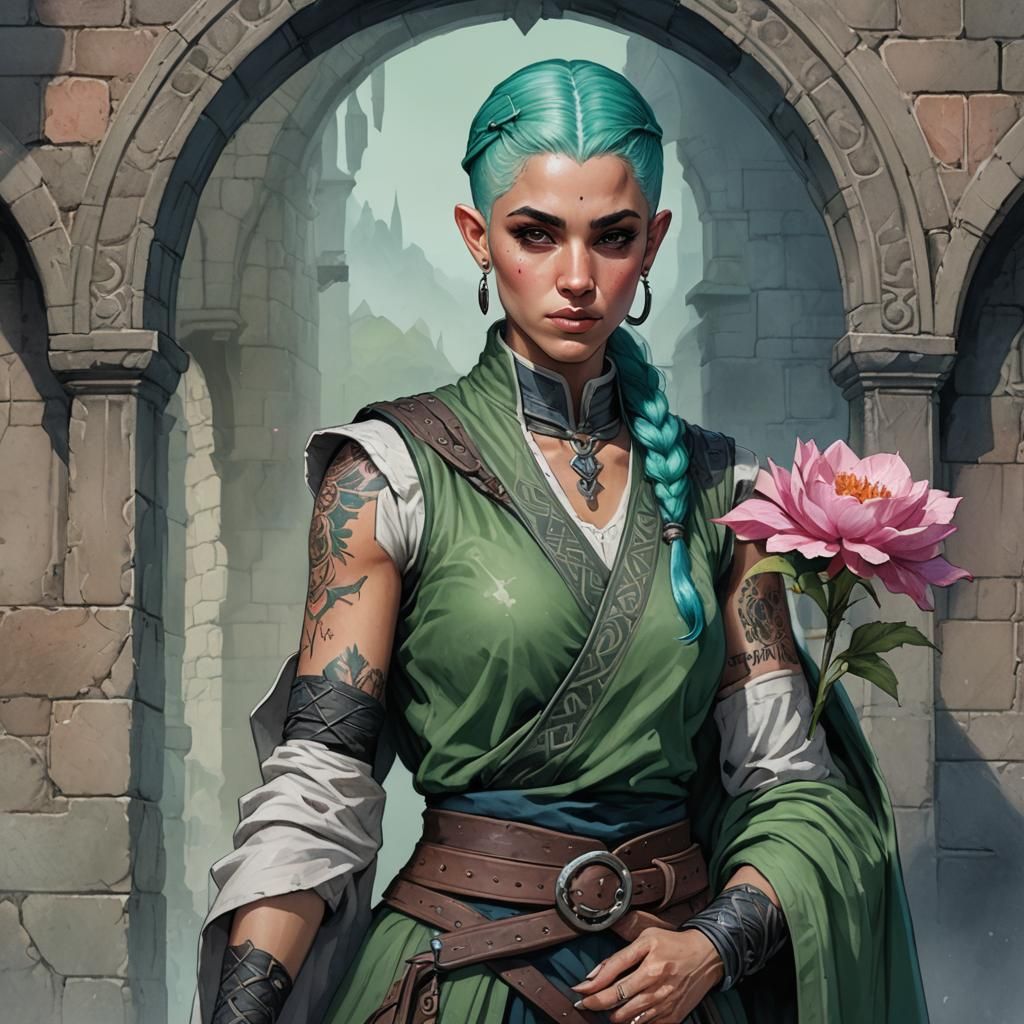 Fantasy Barbarian Woman with Green Hair: Watercolor Painting