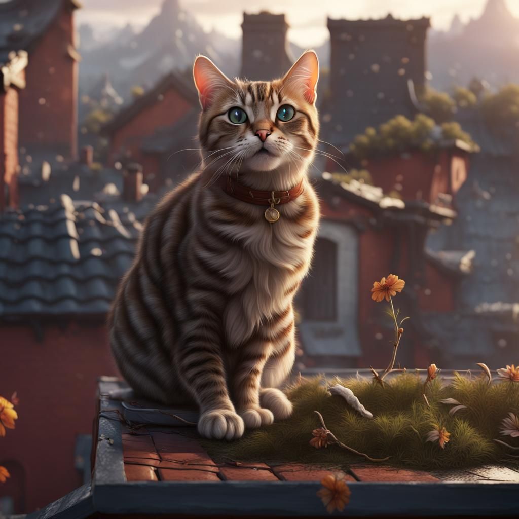 Cats Play on Roof: Detailed Fantasy Concept Art