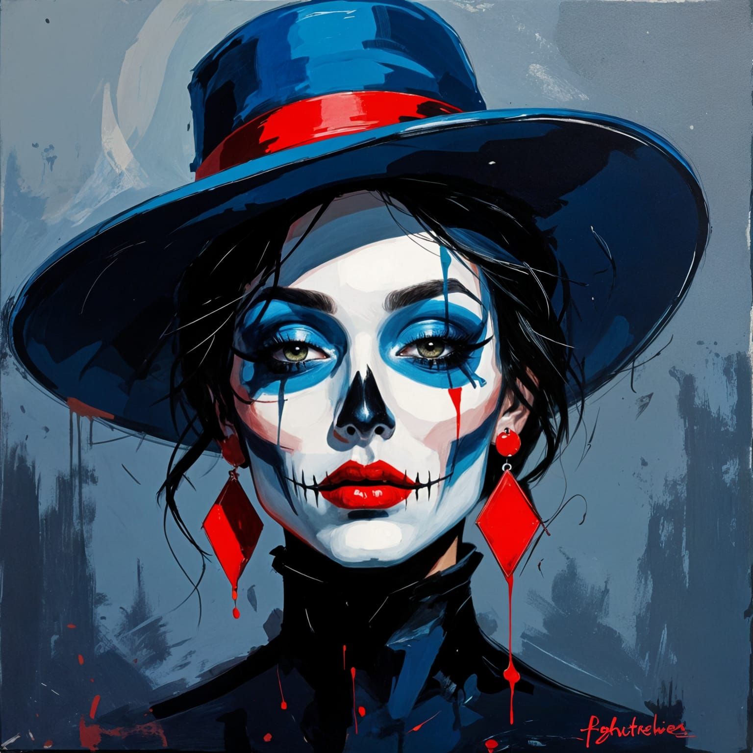 Minimalist Halloween Skull with Blue Hat, Red Earrings in Ba...