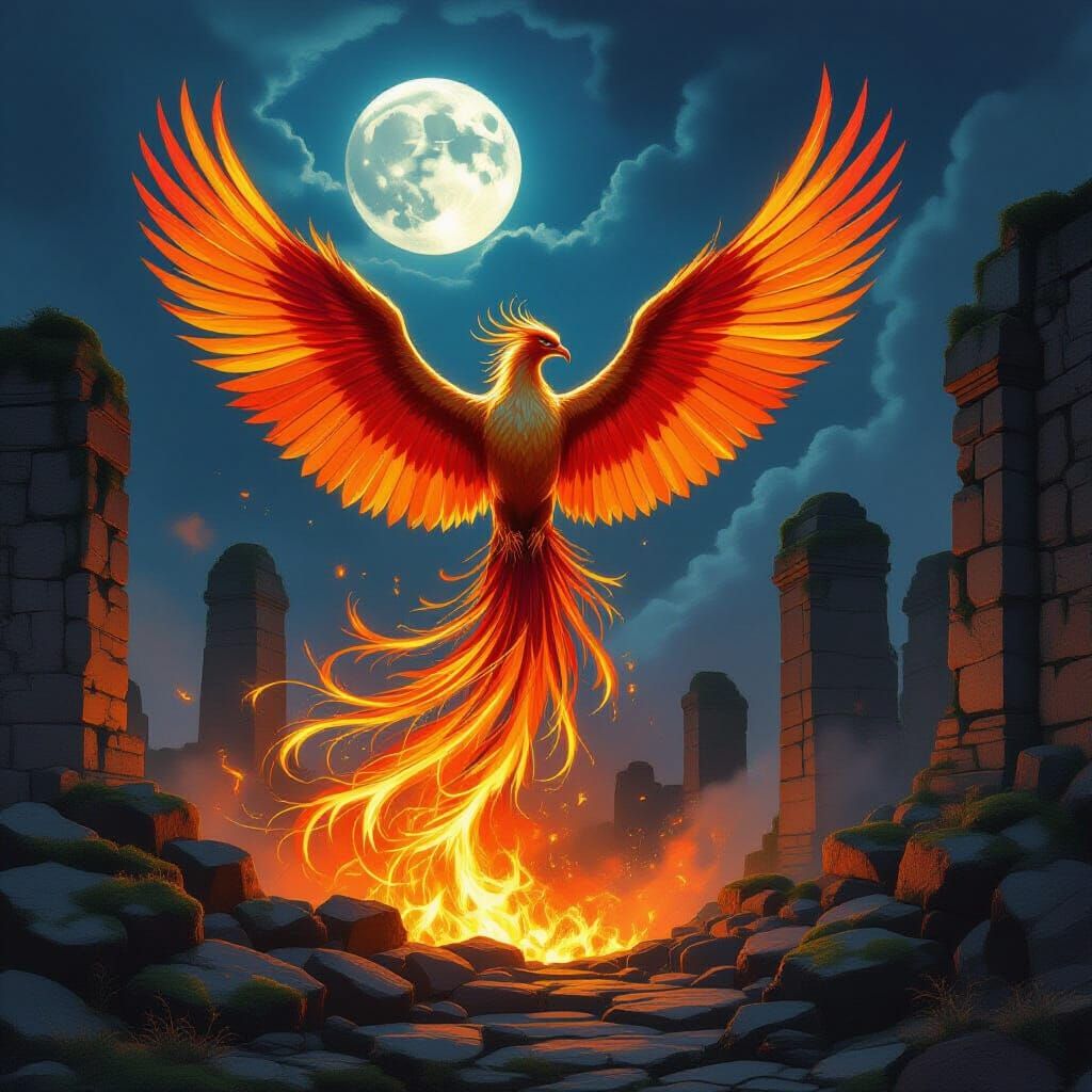 Phoenix Rising from Embers in Ethereal Twin Moon Light