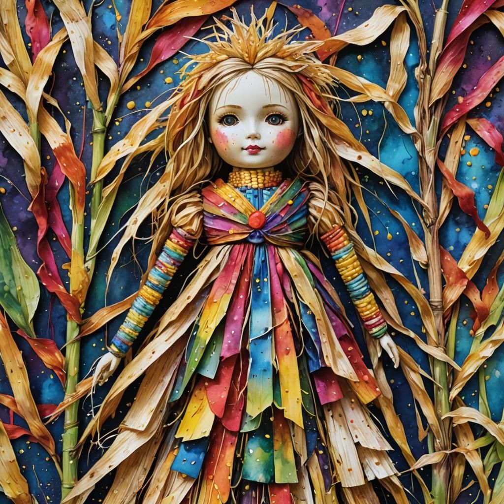 Vibrant Corn Husk Doll with Watercolor Effects