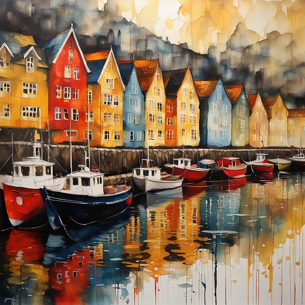 Bergen, Norway Quayside Scene in Expressive Style