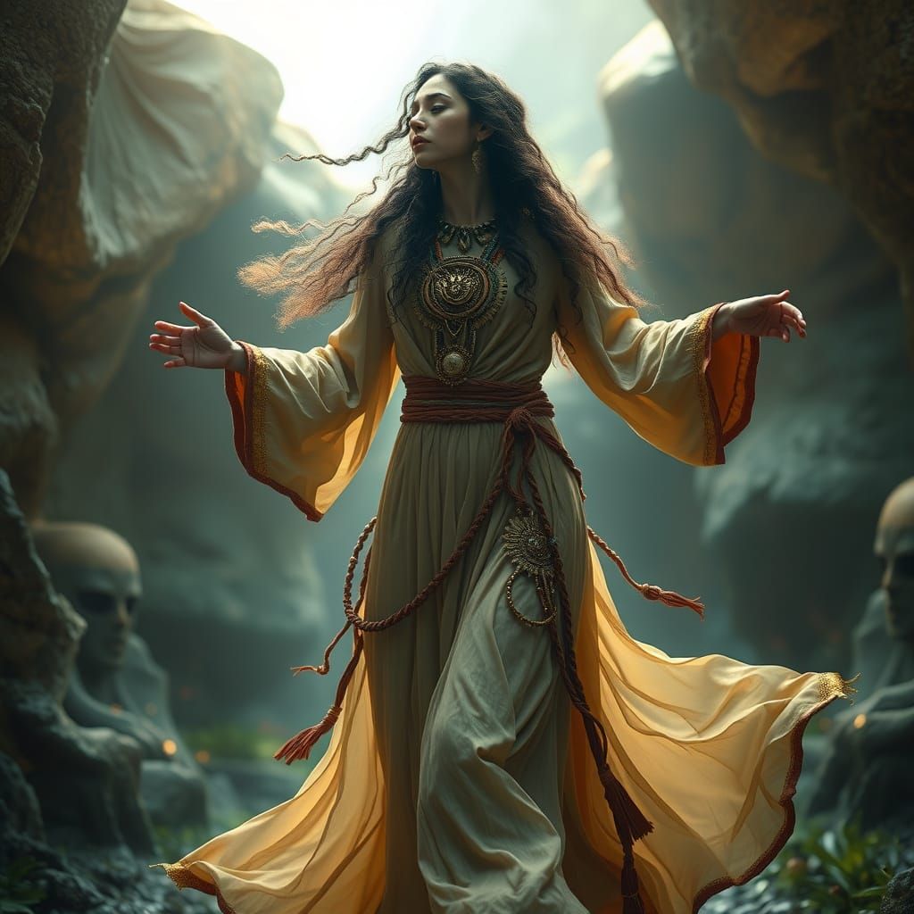 Regal Neolithic Goddess in Vibrant, Ethereal Realm