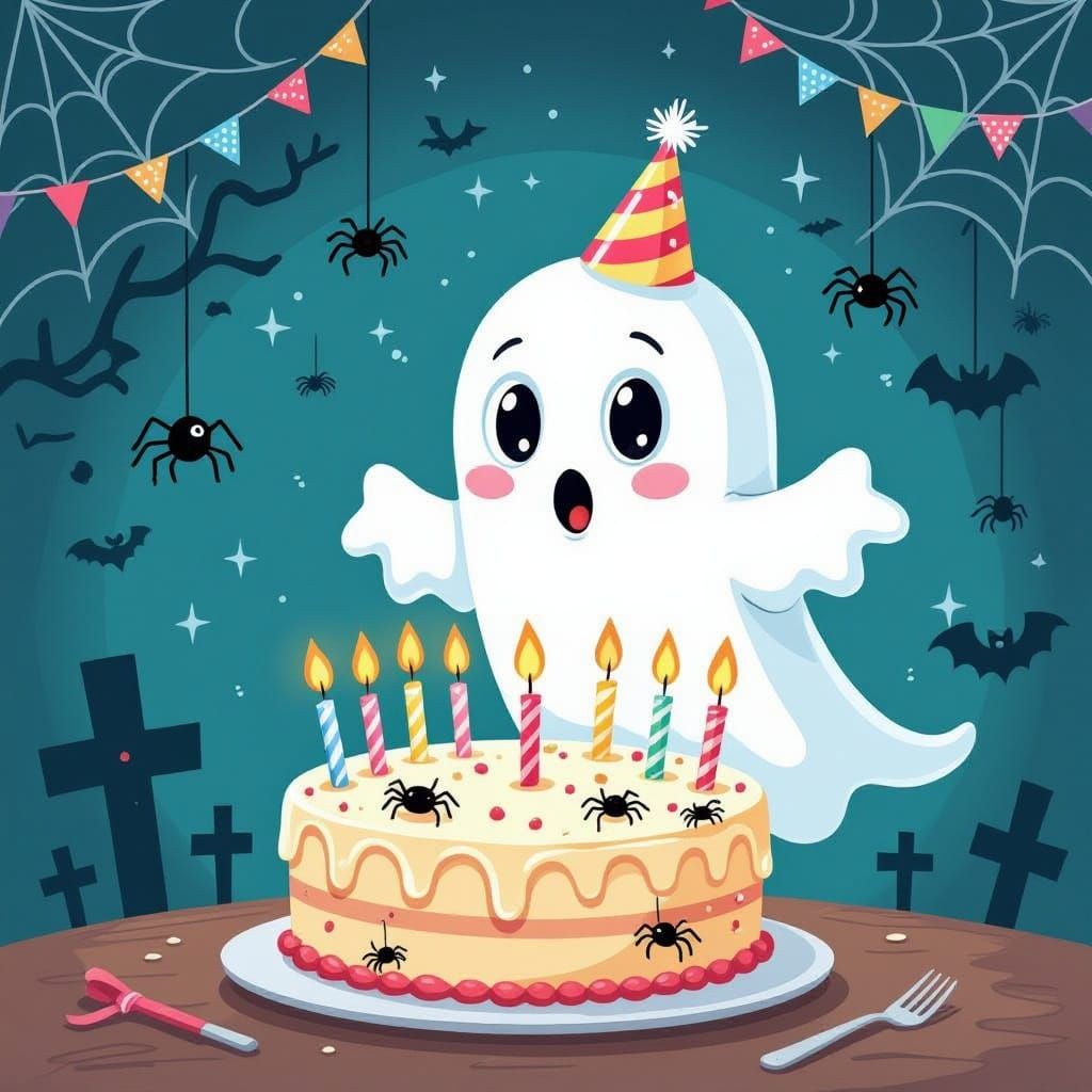 Cartoon Ghost Blows Out Spooky Birthday Cake Candles
