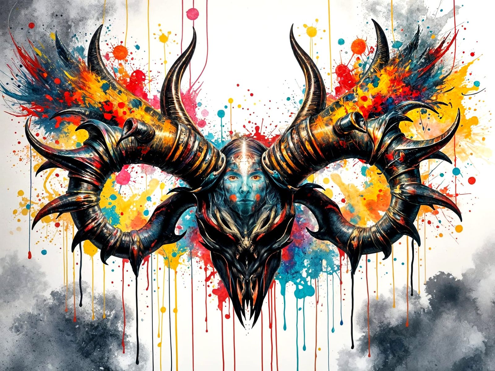 Surreal Horns of the Underworld in Vibrant Paint Splatter St...