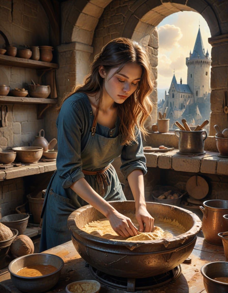 Medieval Watercolor Scene of a Young Woman Kneading Dough in...