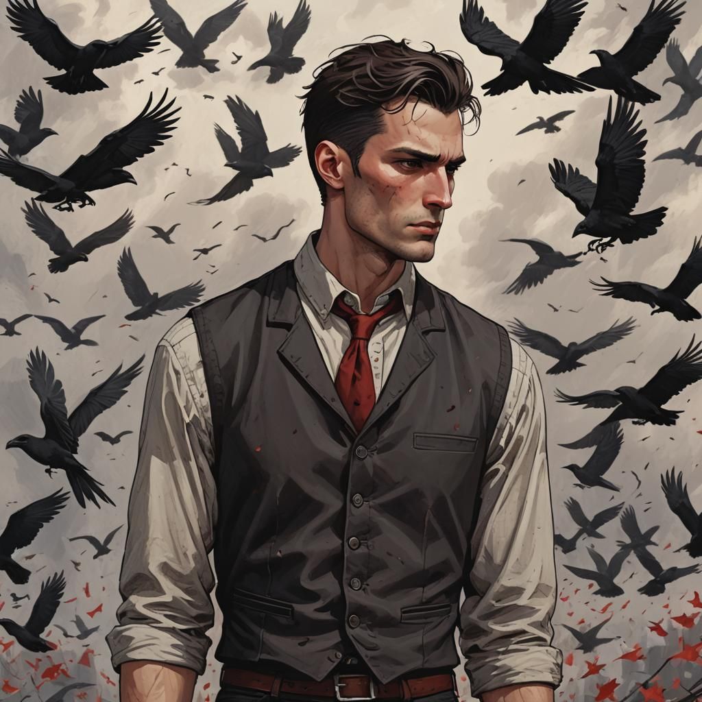 Serious Young Man with Crows