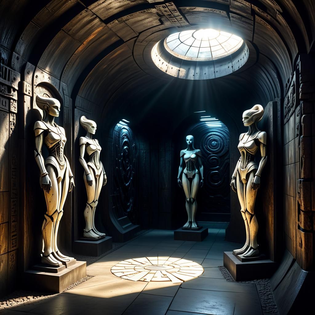 Mysterious Dark Tunnel Entrance with Ivory Puzzle Statues