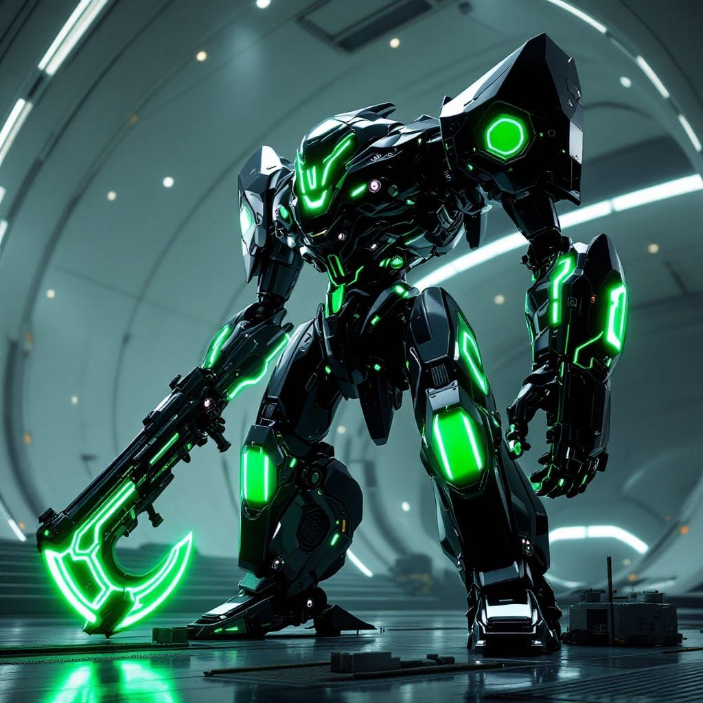 Sleek Black Mech with Green Accents in Futuristic Hangar