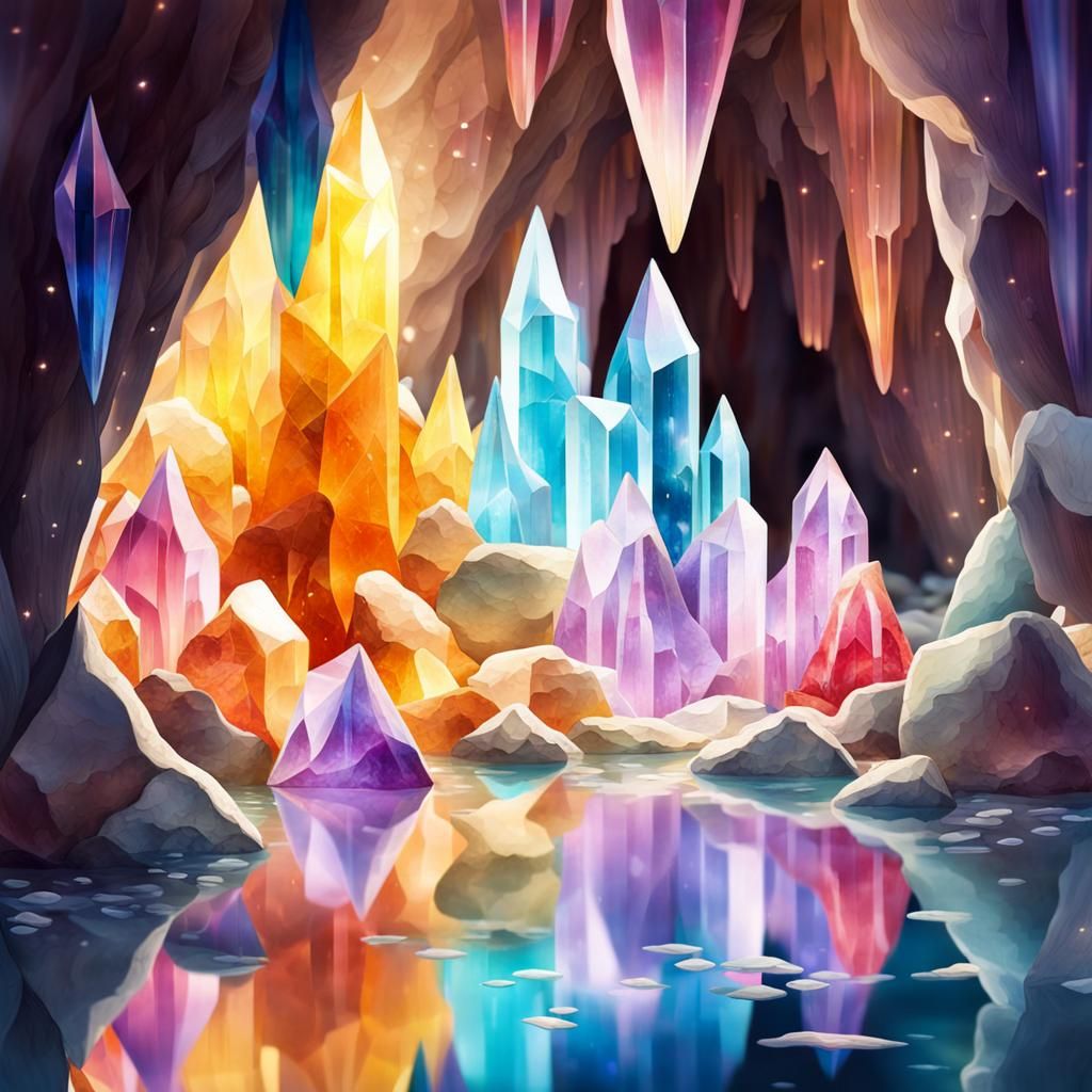 Vibrant Crystal Cave with Glittering Pond
