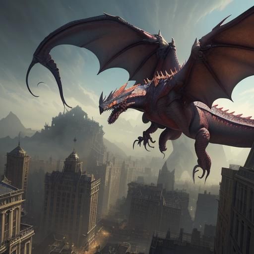 A wyvern attacking a city